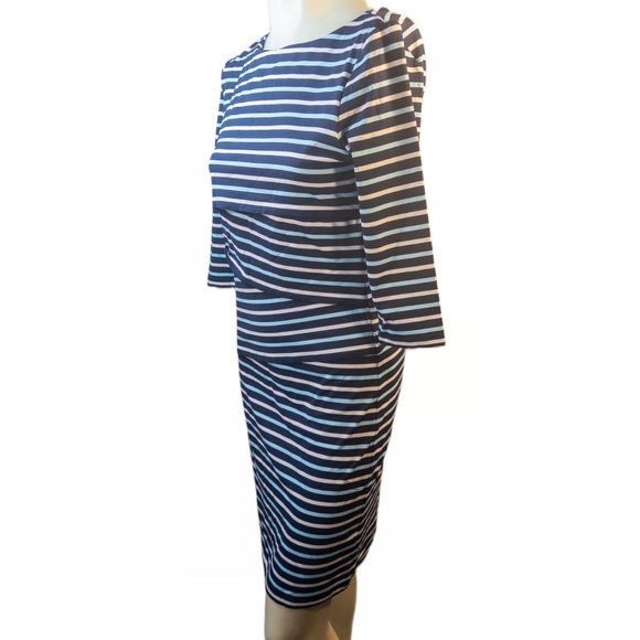 J Mclaughlin Size Medium Dress Nicola Blue Stripe Sheath Knee Length Comfort - Picture 2 of 11